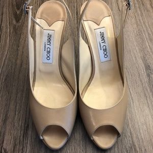 Jimmy Choo Nude Leather Peep Toe Sling Back Heels